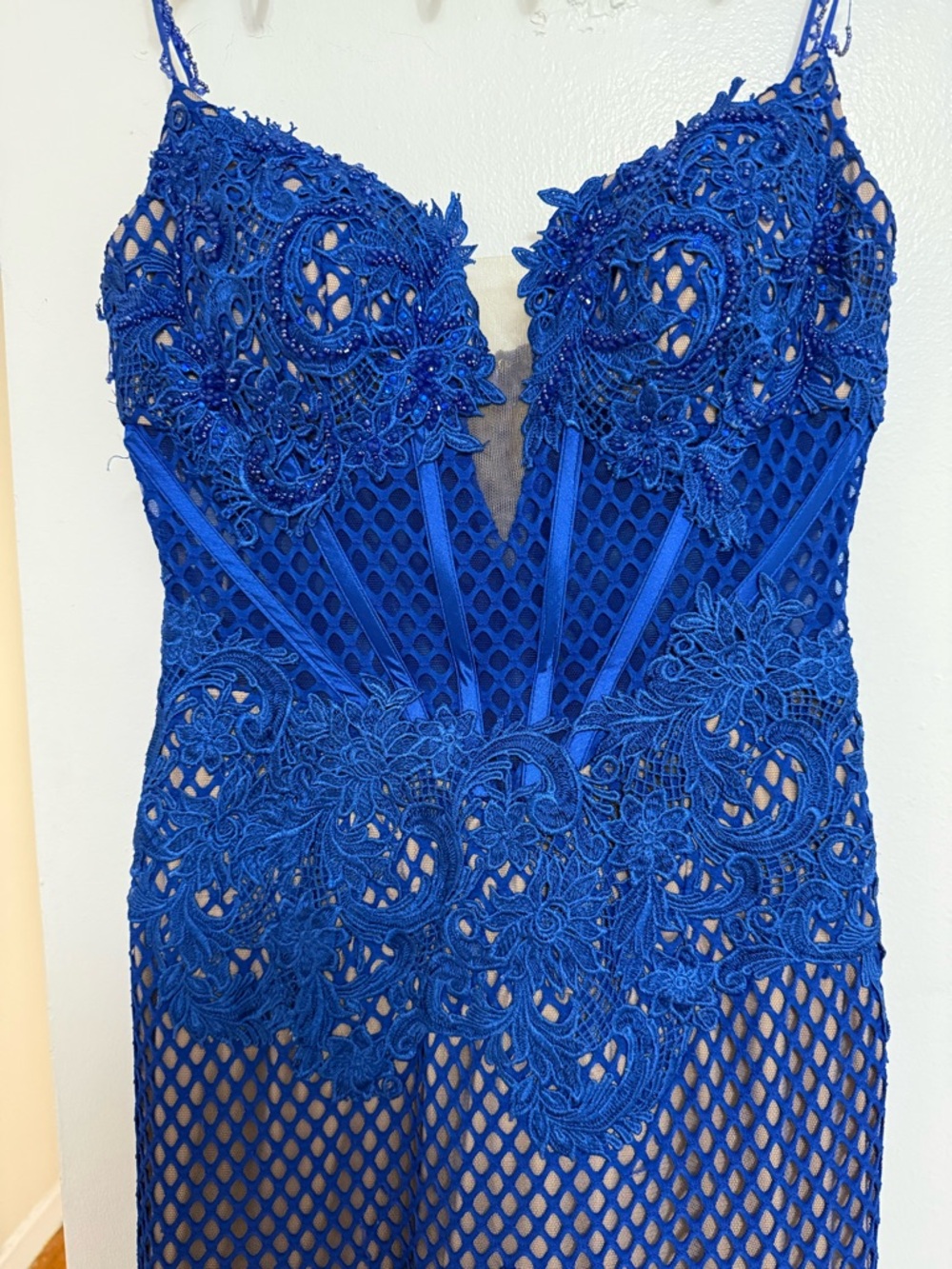 Mac Duggal Royal Blue Lace Appliqué Wedding Dress